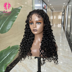 5*5 Closure Lace Wig Water Wave Transparent Lace 100% Human Hair 200% Density Natural Black