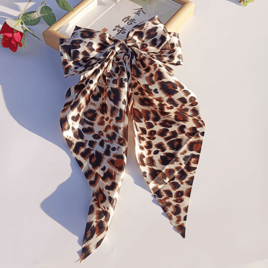 Leopard Print Bow Ribbon Spring Clip Back Of Head Hairpin