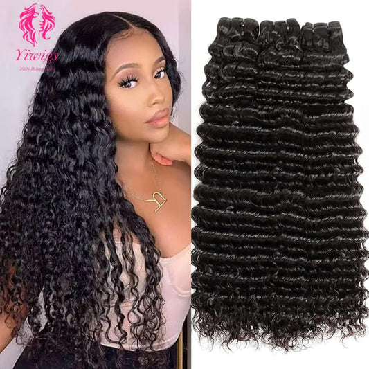 Yiwigs Double Drawn Deep Wave Hair Bundles 12A Grade 100% Virgin Cuticle Aligned Human Hair Natural Color