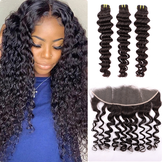 3 Bundles Human Virgin Hair Deep Wave With Invisible 13*4 HD Lace Frontal YiWigs