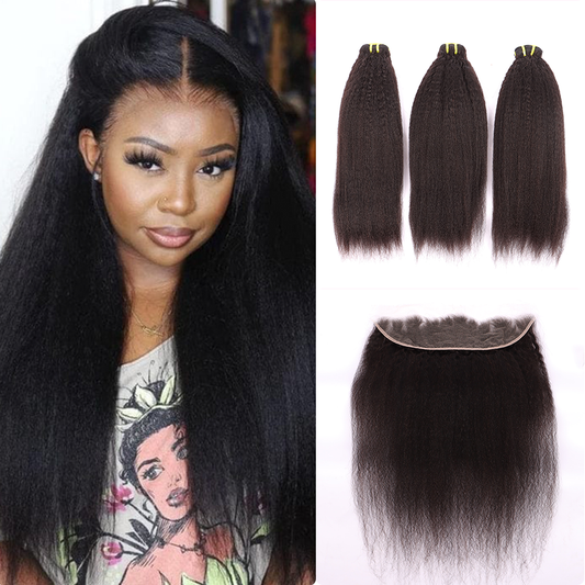 Kinky Straight 3 Bundles With 13*4 HD Lace Frontal Closure Unprocessed Human Hair YiWigs