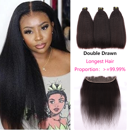 Kinky Straight Double Drawn 3 Bundles With 13*4 Hd Lace Frontal Closure Unprocessed Good Quality Human Hair YiWigs
