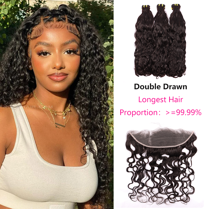 Water Wave Weave Double Drawn 3 Bundles With 13*4 HD Lace Frontal Closure Unprocessed High Volume Human Hair YiWigs