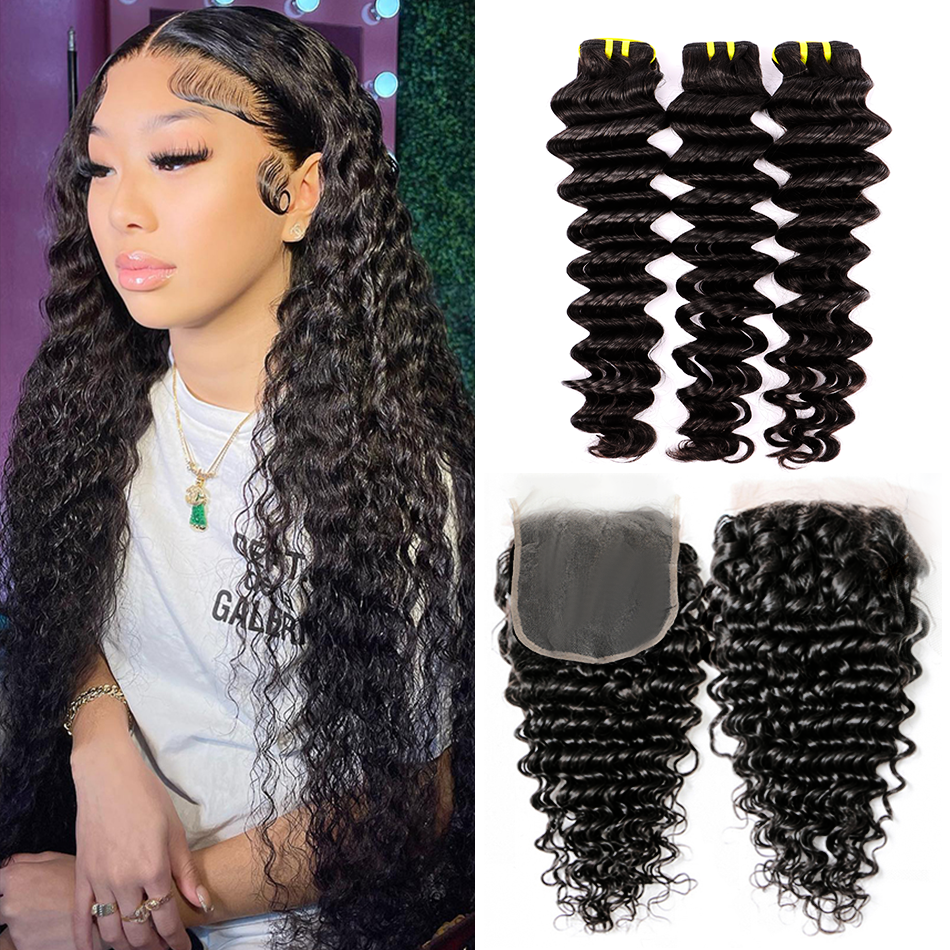 10-22inch Deep Wave Hair Virgin Human Hair 4x4 Transparent Lace Closure YiWigs