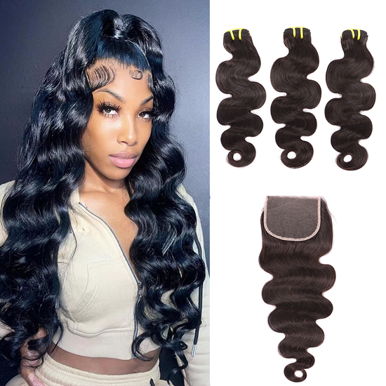 Body Wave 3 Bundles With 5*5 HD Lace Frontal Closure Unprocessed Human Hair YiWigs