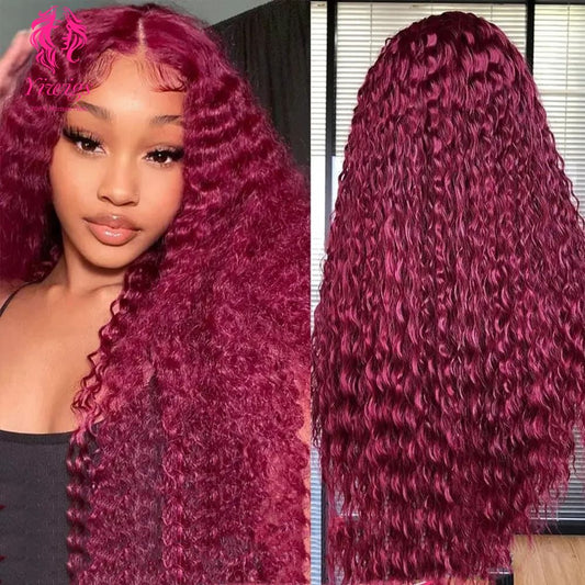 YiWigs Water Wave Wigs 99J Burgundy Colored 13*4 HD Lace Frontal Wig Red Lace Front Human Hair Wigs 200% Cuticle Aligned Human Hair Wig