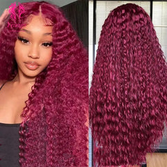 YiWigs Water Wave Wigs 99J Burgundy Colored 13*4 HD Lace Frontal Wig Red Lace Front Human Hair Wigs 200% Cuticle Aligned Human Hair Wig