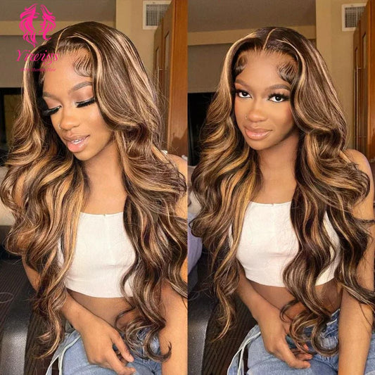 YiWigs Body Wave Wigs P4/27 Highlight HD Transparent 13*4 Full Frontal Lace Human Hair Wigs Brazilian Frontal Human Hair Wigs for Women