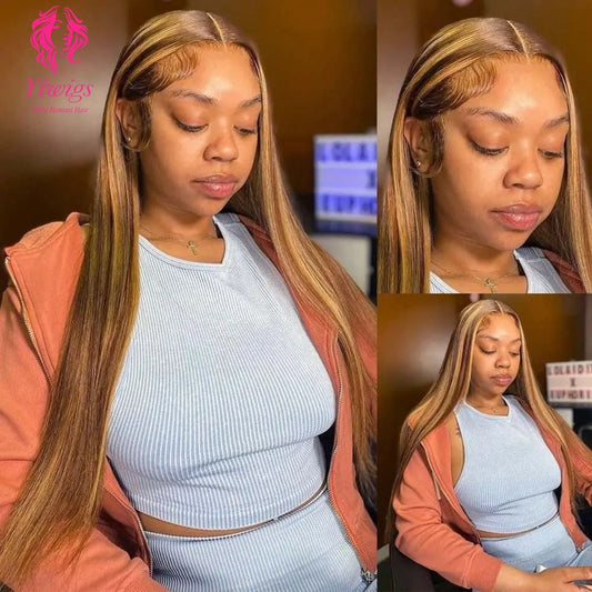 YiWigs Straight Wigs P4/27 Highlight HD Transparent 13*4 Full Frontal Lace Human Hair Wigs Brazilian Frontal Human Hair Wigs for Women