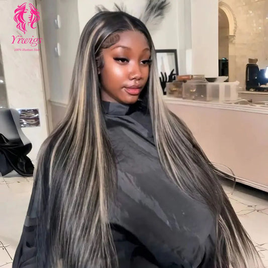 YiWigs P1B/27 Blonde Highlights Human Hair Wig Straight Brazilian Lace Frontal Human Hair Wig 13*4 Transparent Lace Wigs