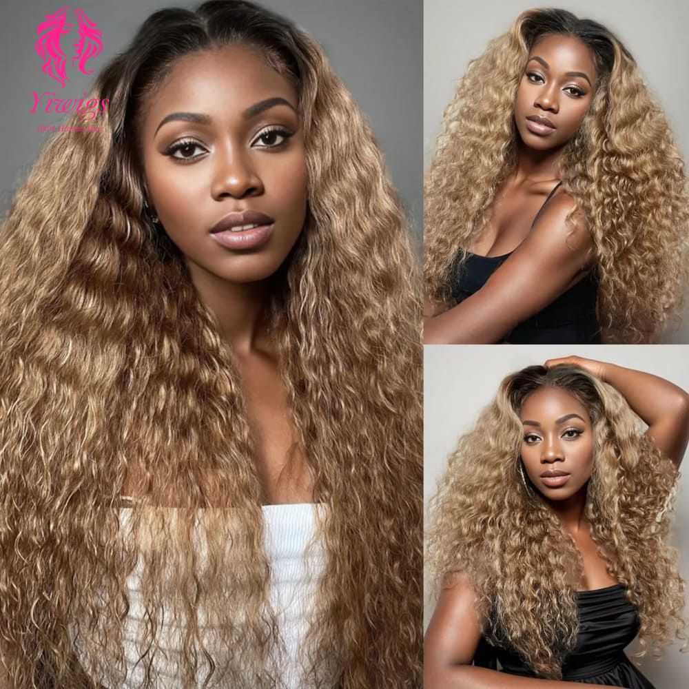 YiWigs Pre Plucked Blonde T1B/27 Ombre Color Human Hair Lace Front Wig Deep Wave T1B/27 Color Lace Closure Human Hair Wig