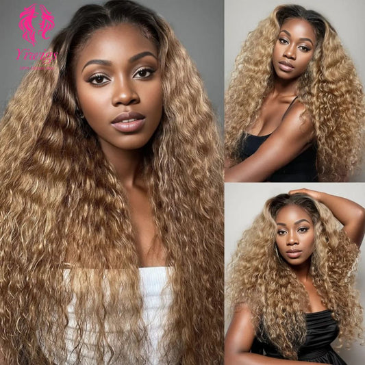 YiWigs Pre Plucked Blonde T1B/27 Ombre Color Human Hair Lace Front Wig Deep Wave T1B/27 Color Lace Closure Human Hair Wig