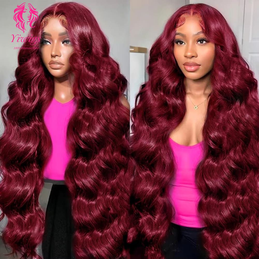 YiWigs Body Wave Wigs 99J Burgundy Colored 13*4 HD Lace Frontal Wig Red Lace Front Human Hair Wigs 200% Cuticle Aligned Human Hair Wig