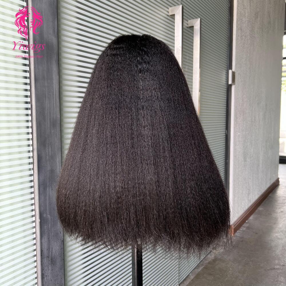 200% Mega Density | Natural Black Kinky Straight 4*4 Closure Lace Long Wig 100% Human Hair Double Drawn Wigs