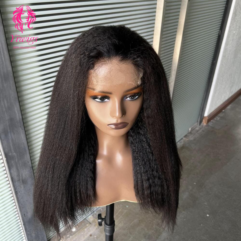 200% Mega Density | Natural Black Kinky Straight 4*4 Closure Lace Long Wig 100% Human Hair Double Drawn Wigs