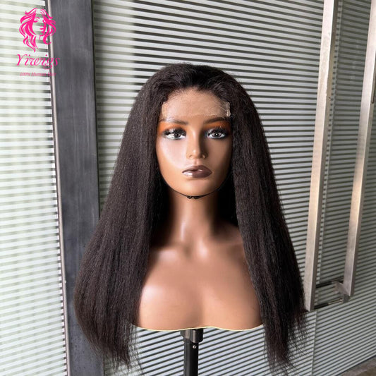 200% Mega Density | Natural Black Kinky Straight 4*4 Closure Lace Long Wig 100% Human Hair Double Drawn Wigs