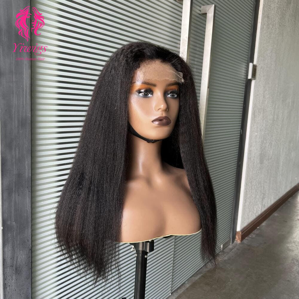 200% Mega Density | Natural Black Kinky Straight 4*4 Closure Lace Long Wig 100% Human Hair Double Drawn Wigs