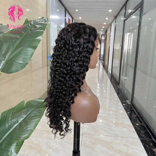 5*5 Closure Lace Wig Water Wave Transparent Lace 100% Human Hair 200% Density Natural Black