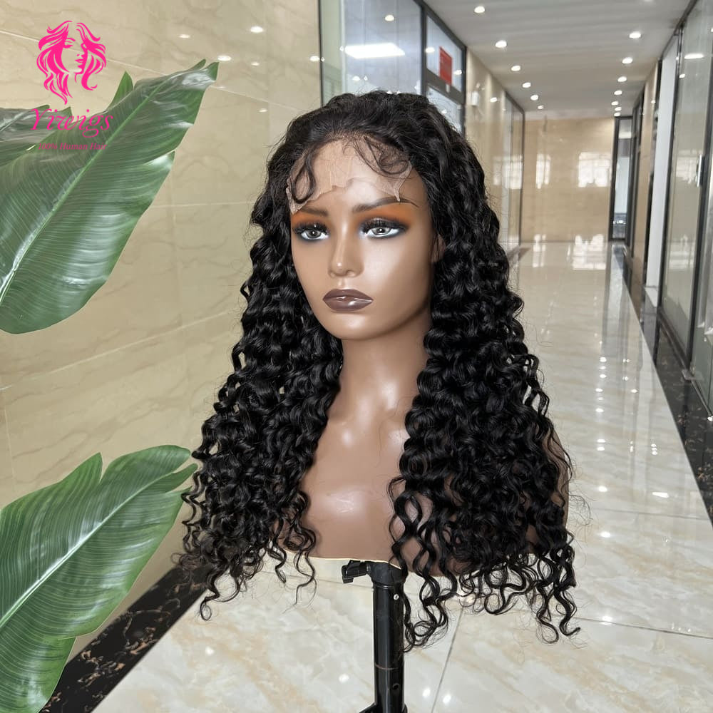 5*5 Closure Lace Wig Water Wave Transparent Lace 100% Human Hair 200% Density Natural Black