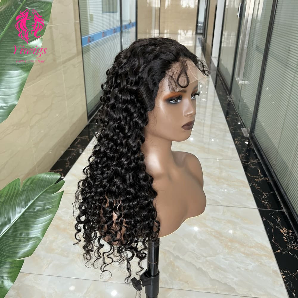 5*5 Closure Lace Wig Water Wave Transparent Lace 100% Human Hair 200% Density Natural Black