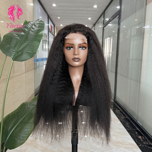 5*5 Closure Lace Wig Kinky Straight Transparent Lace 100% Human Hair 200% Density Natural Black