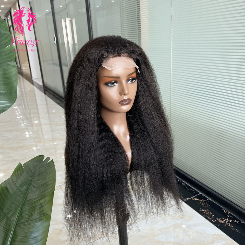 5*5 Closure Lace Wig Kinky Straight Transparent Lace 100% Human Hair 200% Density Natural Black