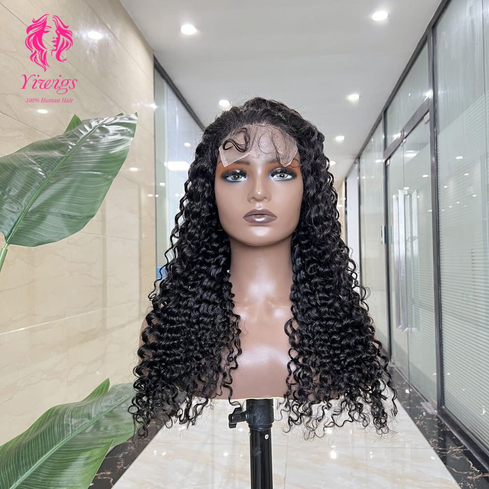 5*5 Closure Lace Wig Deep Curly Transparent Lace 100% Human Hair 200% Density Natural Black