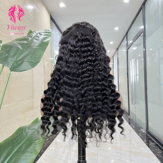 5*5 Closure Lace Wig Deep Wave Transparent Lace 100% Human Hair 200% Density Natural Black