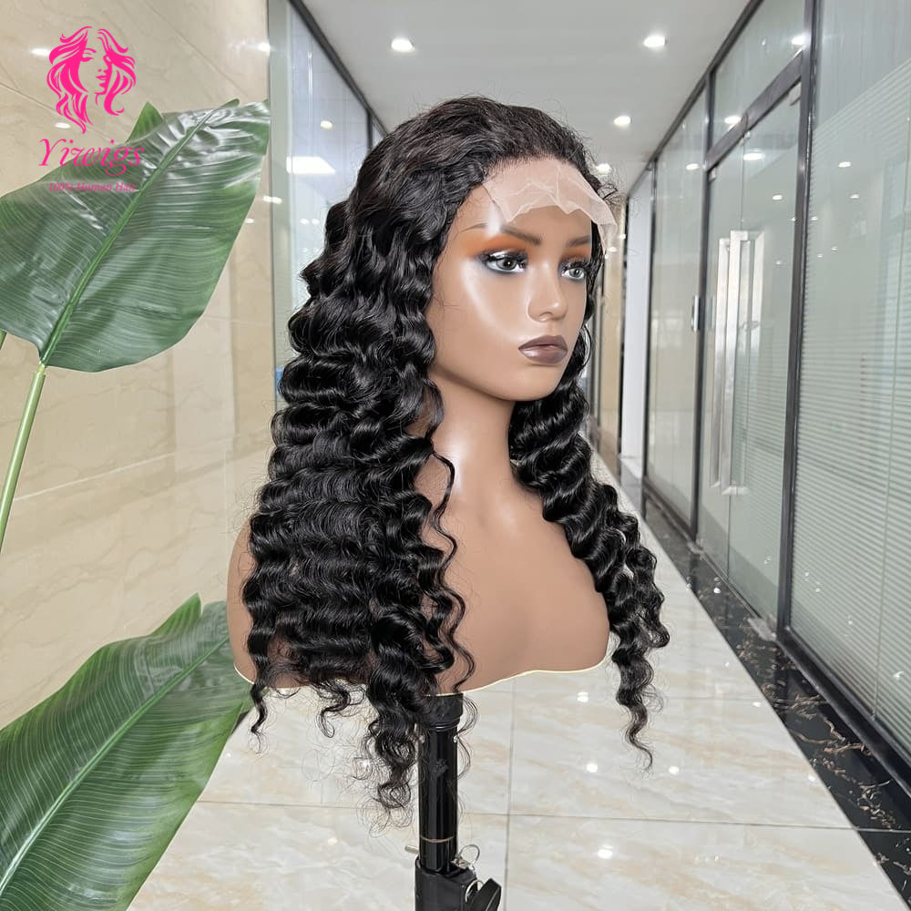 5*5 Closure Lace Wig Deep Wave Transparent Lace 100% Human Hair 200% Density Natural Black