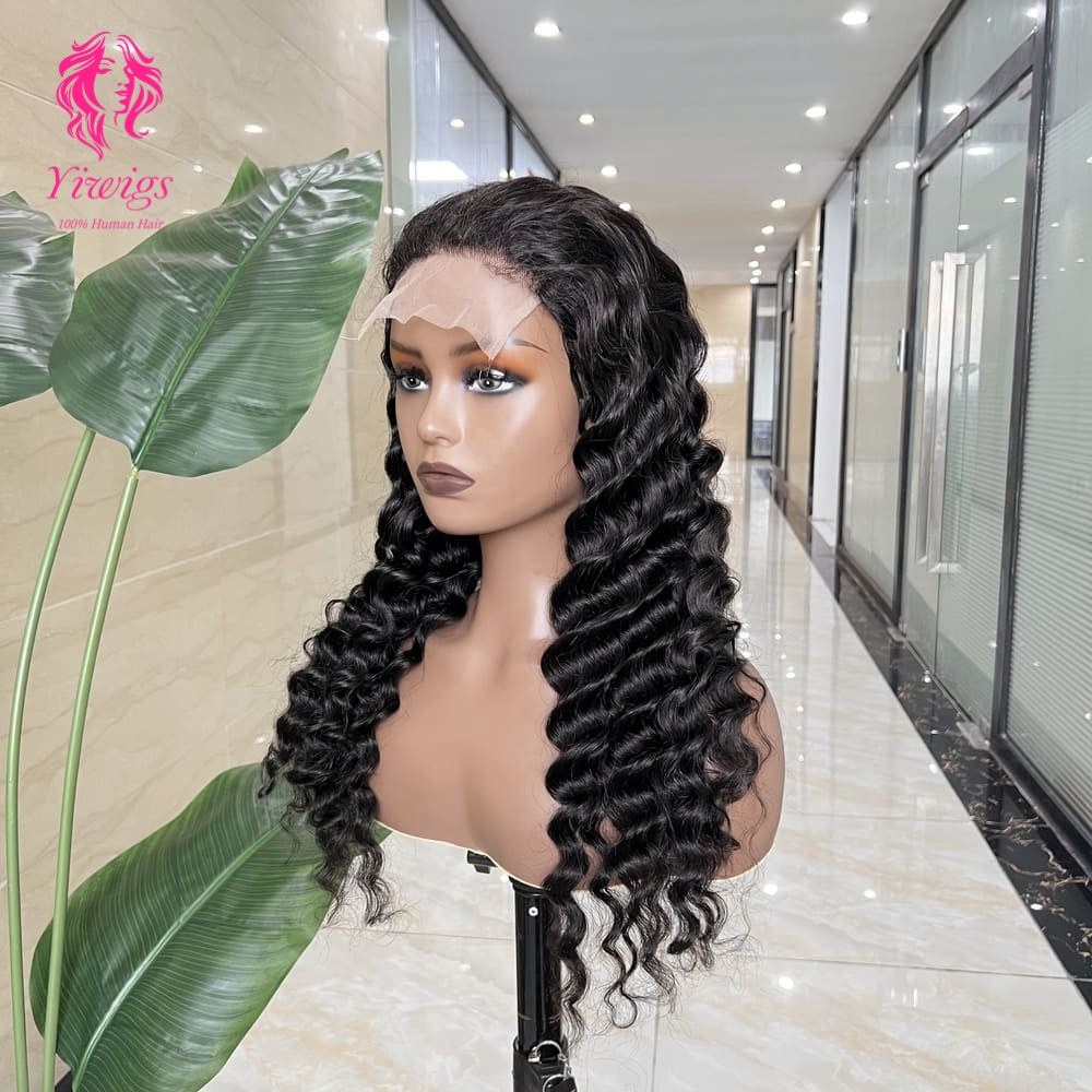 5*5 Closure Lace Wig Deep Wave Transparent Lace 100% Human Hair 200% Density Natural Black