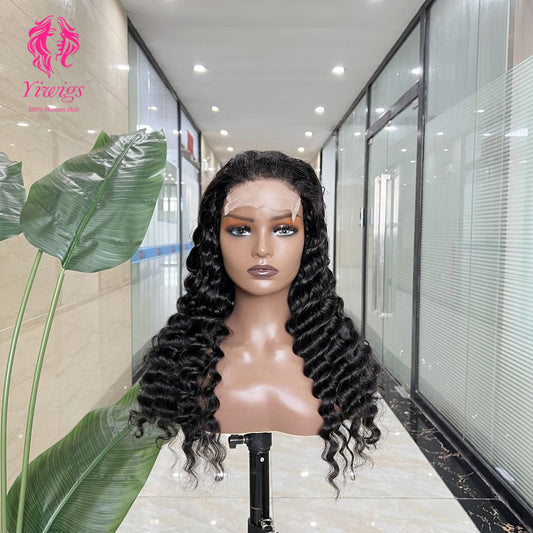 5*5 Closure Lace Wig Deep Wave Transparent Lace 100% Human Hair 200% Density Natural Black