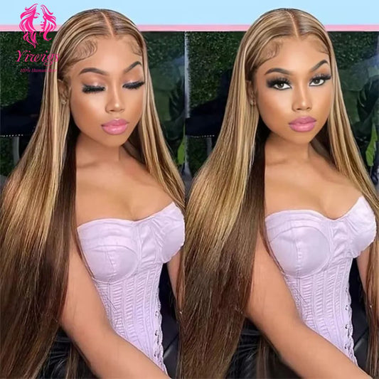 YiWigs P4/27 Highlight HD Transparent 13*4 Full Frontal Lace Human Hair Wigs Brazilian Straight Body Wave Frontal Human Hair Wigs for Women
