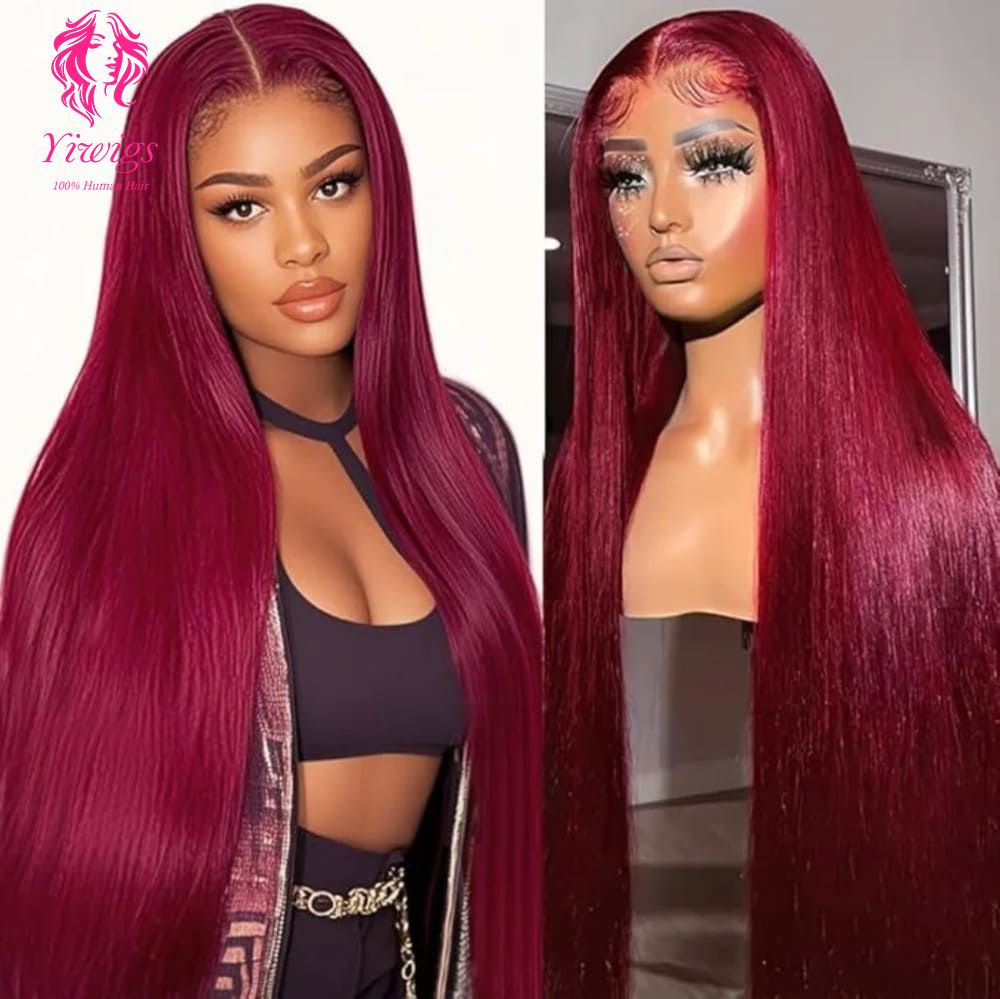 YiWigs Straight Wigs 99J Burgundy Colored 13*4 HD Lace Frontal Wig Red Lace Front Human Hair Wigs 200% Cuticle Aligned Human Hair Wig