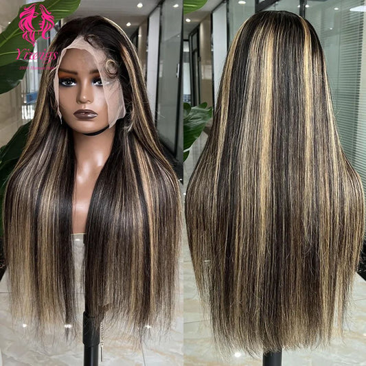 YiWigs P1B/27 Blonde Highlights Human Hair Wig Straight Brazilian Lace Frontal Human Hair Wig 13*4 Transparent Lace Wigs
