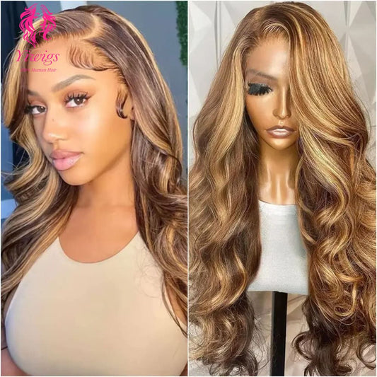 YiWigs P4/27 Highlight HD Transparent 13*4 Full Frontal Lace Human Hair Wigs Brazilian Straight Body Wave Frontal Human Hair Wigs for Women