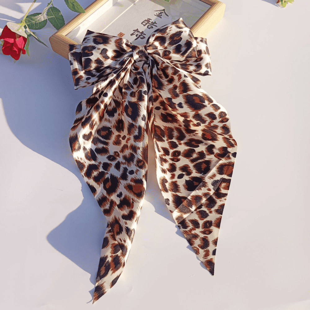 Leopard Print Bow Ribbon Spring Clip Back Of Head Hairpin