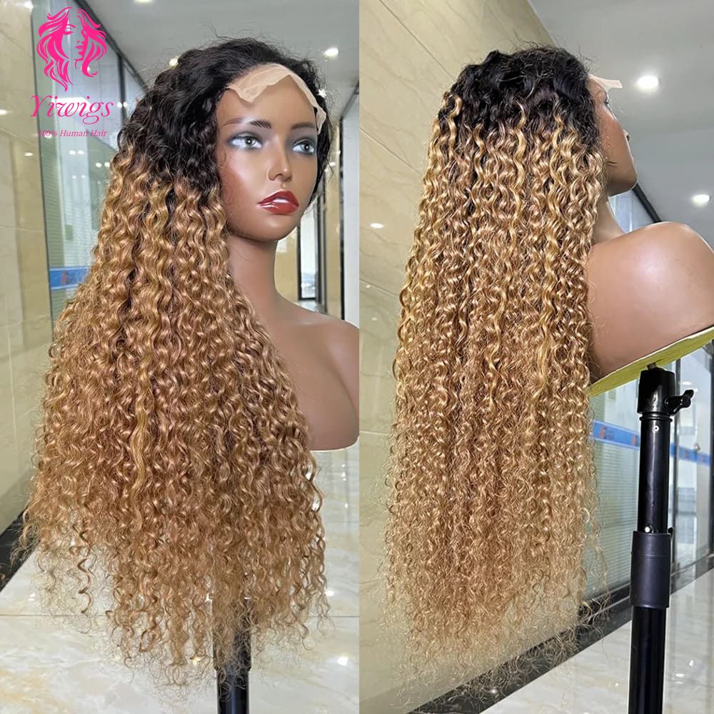 YiWigs Pre Plucked Blonde T1B/27 Ombre Color Human Hair Lace Front Wig Deep Wave T1B/27 Color Lace Closure Human Hair Wig