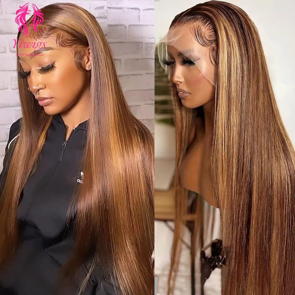 YiWigs Straight Wigs P4/27 Highlight HD Transparent 13*4 Full Frontal Lace Human Hair Wigs Brazilian Frontal Human Hair Wigs for Women