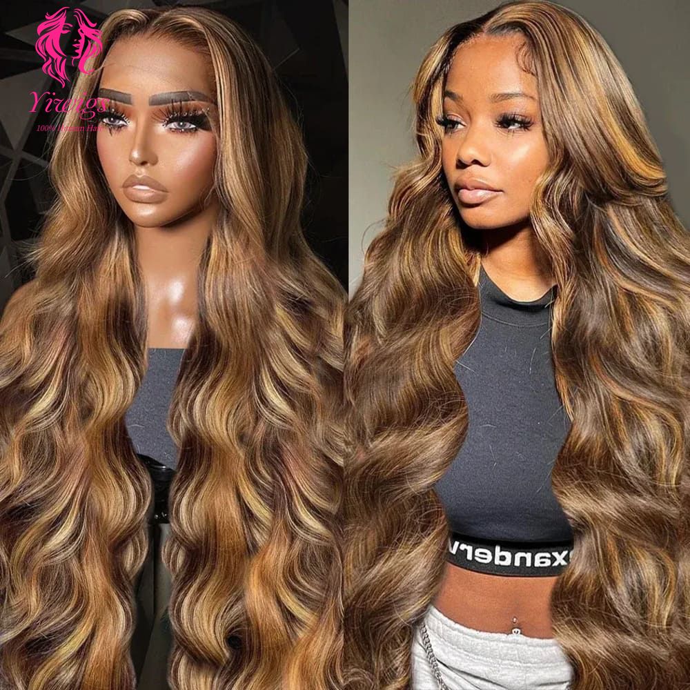 YiWigs Body Wave Wigs P4/27 Highlight HD Transparent 13*4 Full Frontal Lace Human Hair Wigs Brazilian Frontal Human Hair Wigs for Women