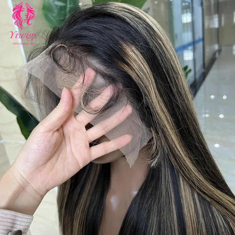YiWigs P1B/27 Blonde Highlights Human Hair Wig Straight Brazilian Lace Frontal Human Hair Wig 13*4 Transparent Lace Wigs