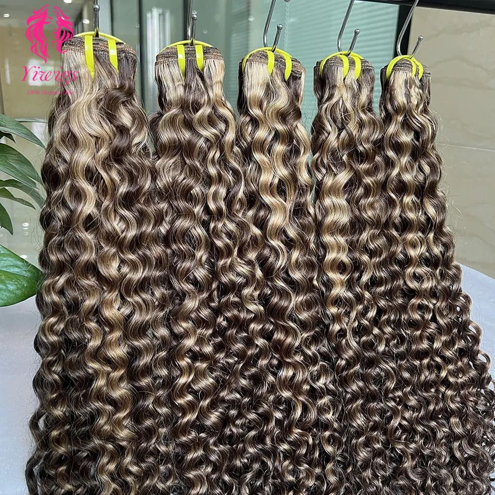 YiWigs Deep Curly #P4-27 Human Hair Double Drawn Natural 12A Grade Virgin Weave Human Hair Raw Bundles