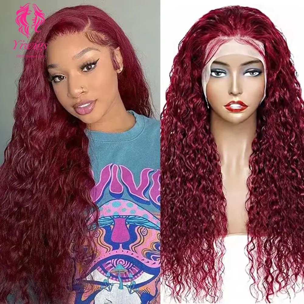 YiWigs Deep Wave Wigs 99J Burgundy Colored 13*4 HD Lace Frontal Wig Red Lace Front Human Hair Wigs 200% Cuticle Aligned Human Hair Wig