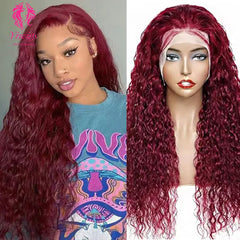 YiWigs Deep Wave Wigs 99J Burgundy Colored 13*4 HD Lace Frontal Wig Red Lace Front Human Hair Wigs 200% Cuticle Aligned Human Hair Wig
