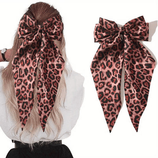 Leopard Print Bow Ribbon Spring Clip Back Of Head Hairpin