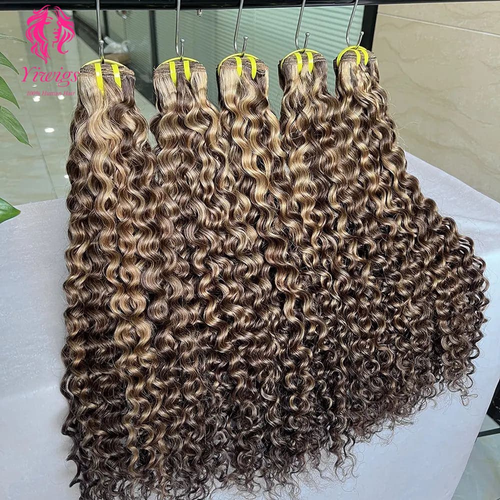 YiWigs Deep Curly #P4-27 Human Hair Double Drawn Natural 12A Grade Virgin Weave Human Hair Raw Bundles