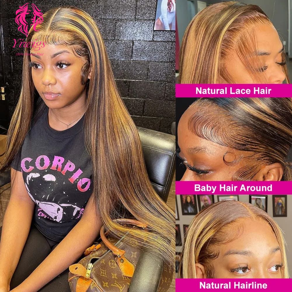 YiWigs Straight Wigs P4/27 Highlight HD Transparent 13*4 Full Frontal Lace Human Hair Wigs Brazilian Frontal Human Hair Wigs for Women