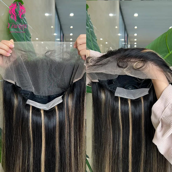 YiWigs P1B/27 Blonde Highlights Human Hair Wig Straight Brazilian Lace Frontal Human Hair Wig 13*4 Transparent Lace Wigs