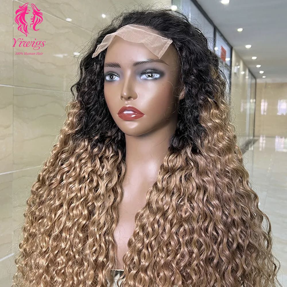 YiWigs Pre Plucked Blonde T1B/27 Ombre Color Human Hair Lace Front Wig Deep Wave T1B/27 Color Lace Closure Human Hair Wig