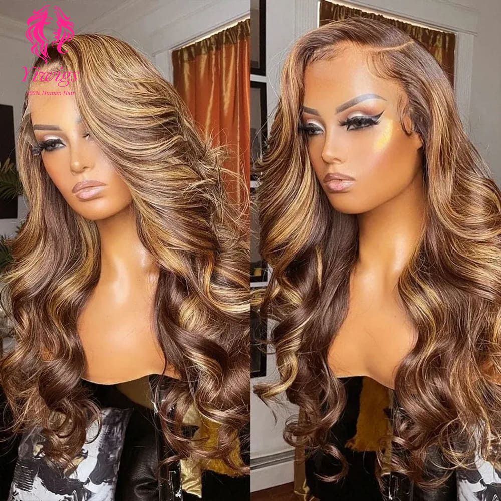 YiWigs Body Wave Wigs P4/27 Highlight HD Transparent 13*4 Full Frontal Lace Human Hair Wigs Brazilian Frontal Human Hair Wigs for Women
