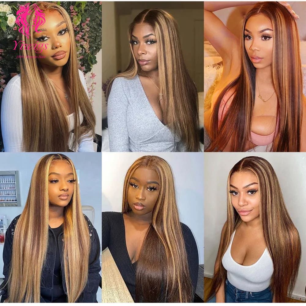 YiWigs Straight Wigs P4/27 Highlight HD Transparent 13*4 Full Frontal Lace Human Hair Wigs Brazilian Frontal Human Hair Wigs for Women
